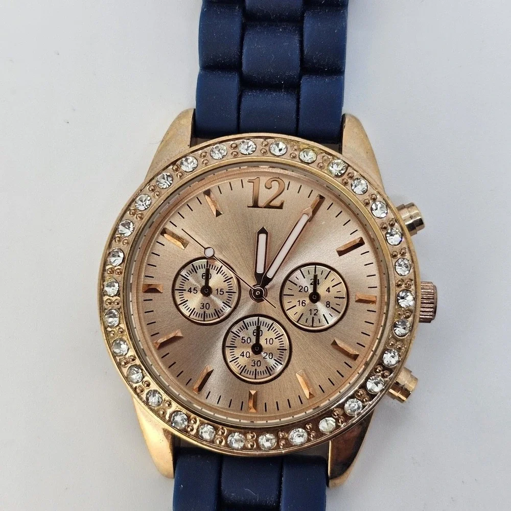 Women's Watch 38MM‎ Rose Gold Dial Crystal Bezel Blue Plastic Bands New Battery